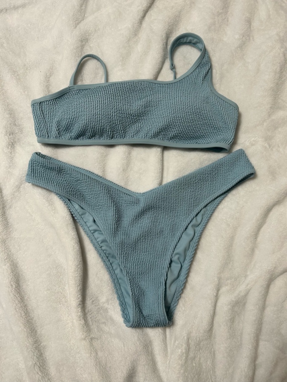 Abercrombie Smocked One-Shoulder Bikini Set in Light Blue